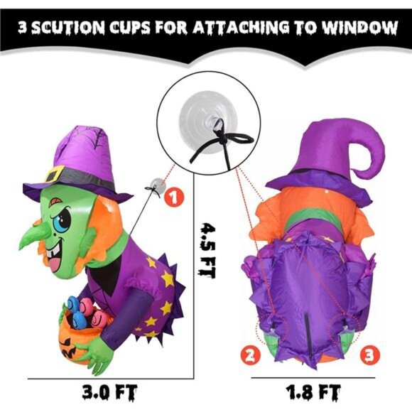 3.5FT Halloween Decorations Outside - Halloween Inflatable  3.5FT Halloween Inflatable Scary Witch Broke Out from Window with Build-in LED